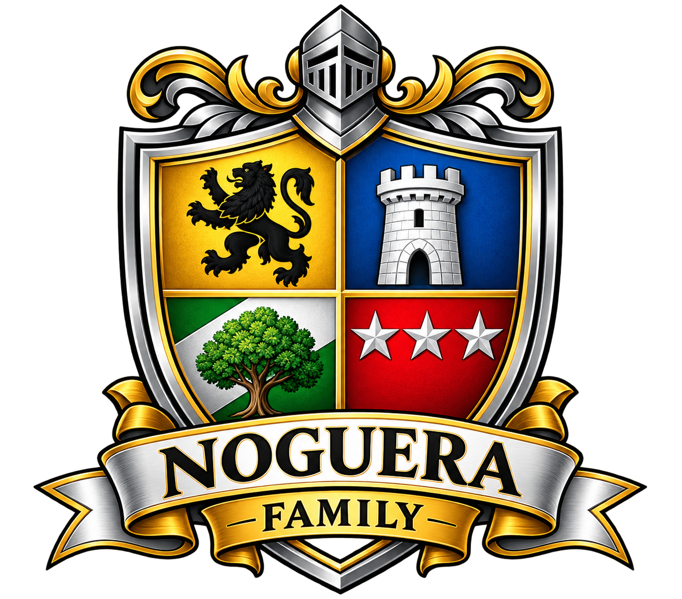 Noguera Family crest featuring lion, tower, tree and stars